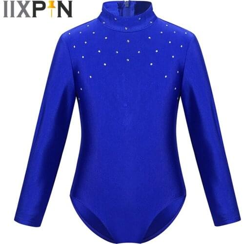 Kids Ballet Leotard Girls Long Sleeves Sparkly Rhinestone Dance Costume Gymnastics Leotard Figure Ice Roller Skating Jampsuit