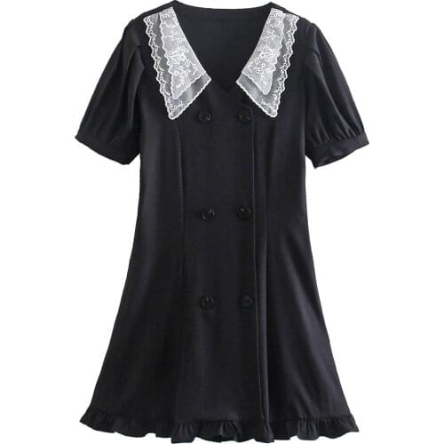 European and American 2021 early spring new slim French black lace doll collar dress 0930171