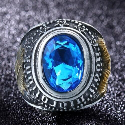 Stainless Steel Vintage Oval Blue Stone Ring Mens Women Masonic Goat Head Pentagram Rings Punk Gothic Jewelry