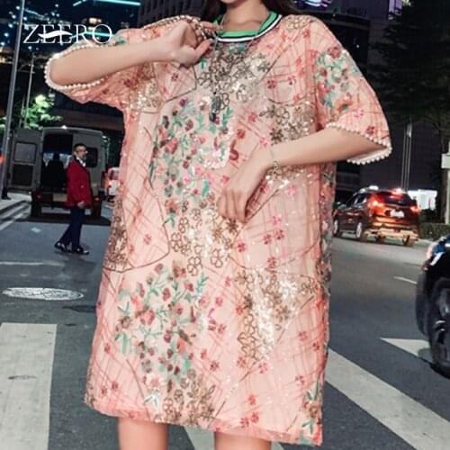 Female Korean Vintage Short Beaded Sequins Embroidery Lace Loose T Shirts Dresses for Women Summer Mini Dress Vestido De Mujer