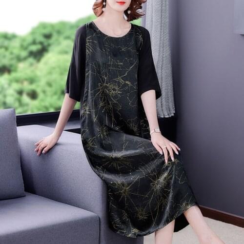 Summer Vintage Black Print Mulberry Silk Casual Midi Dress Women Loose 4XL Patchwork Dresses 2021 Elegant Bodycon Paty Vestidos