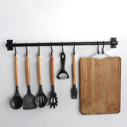 Black Wall Mounted Pantry Tool Towel Holder Shelf Kitchen Hook Rack Aluminum Pantry Bar for Kitchenware Utensil Storage Rack