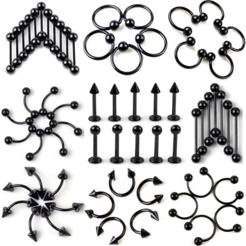 50/95Pcs Black Stainless Steel Eyebrow Navel Belly Lip Labret Tongue Nose Ring Ear Tragus Piercing Barbell Tunnel Body Jewely