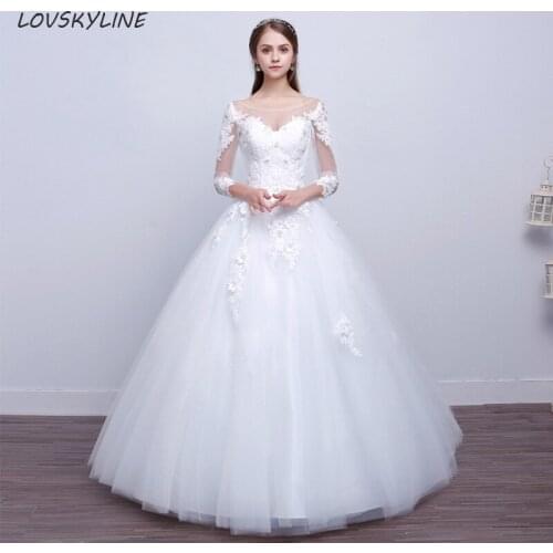 Ball Gowns Three Quarter Sleeves Ivory Lace Tulle Wedding Dresses with Appliques Bridal Dress Marriage Customer Made Sizes