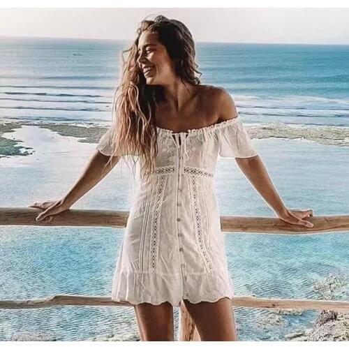Foridol Off Shoulder White Embriodery Dress Summer Women Crochet Lace Up Beach Dress Button Flare Sleeve Cotton Dress Vestidos