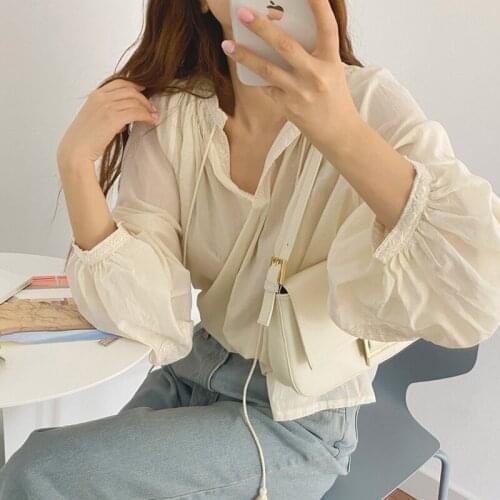 Blouse Women Solid Stand Collar Ladies Lace Tops Women Shirts Blusas Feminine 2021 Spring New Long Sleeve Shirt Female 3216A