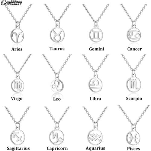 Ceilim Zodiac Libra Leo Pendant Necklace Women Sagittarius Taurus Virgo Stainless Steel 12 Constellation Necklaces Gift 2021