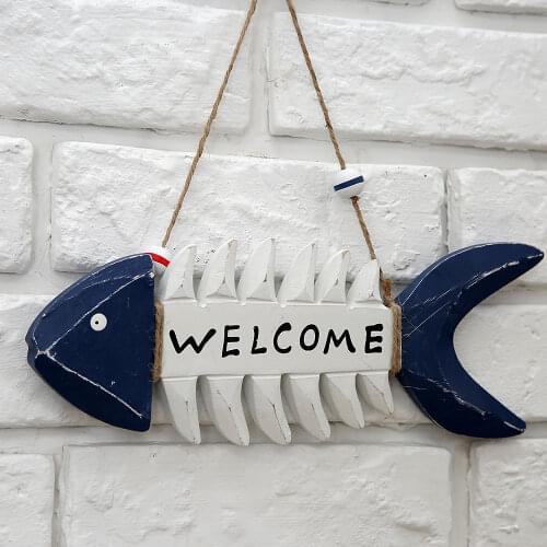 1pc "WELCOME" Wooden Fish Skeleton Hanging Mediterranean Style Natical Wall Decor With Hemp Rope Beach Theme Cafe Decoration