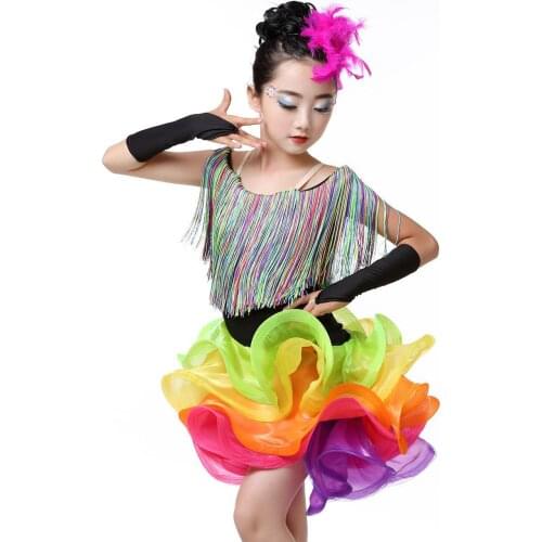 FEECOLOR Girls Rainbow Latin Costume Salsa Tassel Dancewear Tango Stage Show Layered Dress