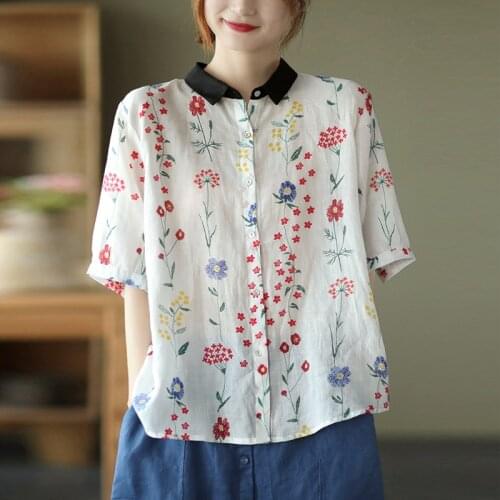 Johnature Women Cotton Linen Shirts Turn-down Collar Short Sleeve Print Floral Blouse 2021 Summer New Button Casual Loose Shirt