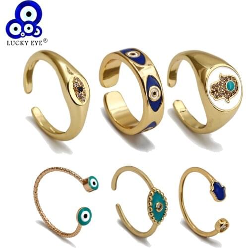 Lucky Eye Colorful Turkish Evil Eye Hamsa Hand Ring Copper Adjustable Openable Finger Ring for Women Girls Fashion Jewelry BE357