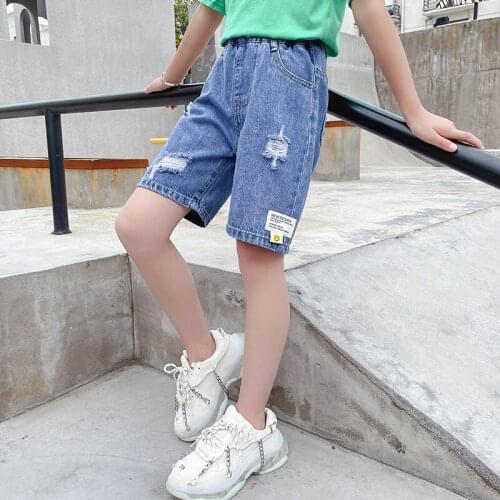 Summer 2021 Girls Jeans Mid short jeans Broken holes Denim Pants Knee Cut Half PANTS Casual Blue Jeans Kids 3 to 14y child girl