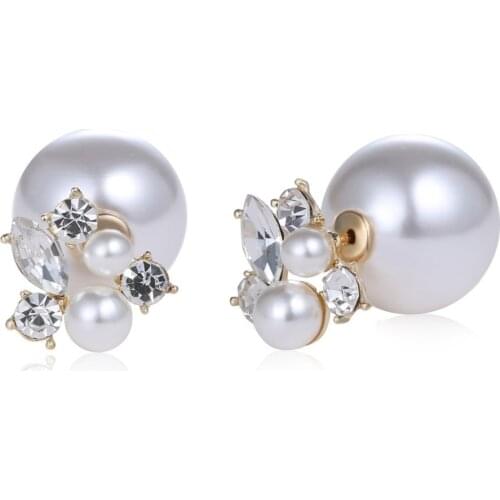 Fashion Trendy Double Sides Pearl Earring Two Ball Stud Earrings For Girls Crystal Jewelry