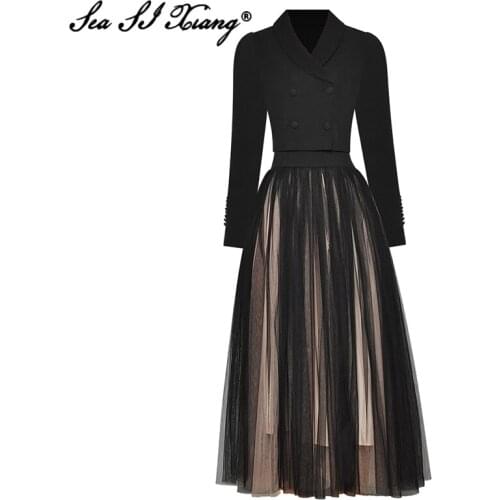 Seasixiang Fashion Designer Autumn Suit Women Long Sleeve Double Breasted Short Coat+Mesh Skirt Office Lady Black Two-Piece Set