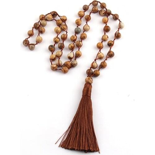 MOODPC Fashion Beaded Tassel Bohemian Jewelry Long Knotted Tassel Necklace Picture Natural Stone Halsband