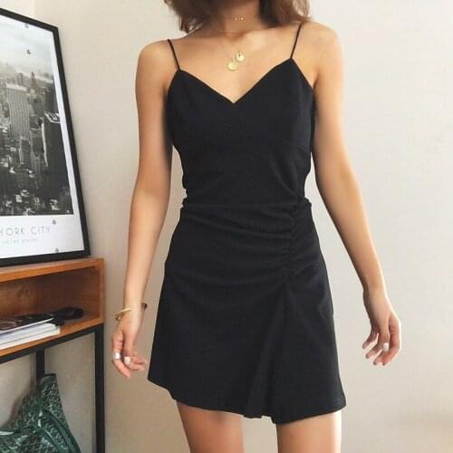 MRMT 2021 Brand New Womens Dress V-necktie Small Black Dress for Female Slender Wrinkle Irregular Sleeveless Sling Dress
