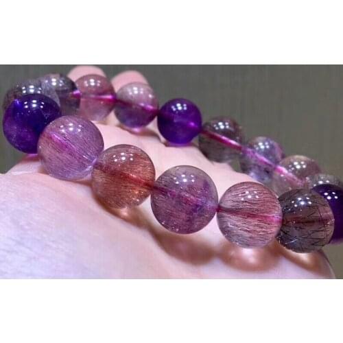 Natural Super 7 Seven Purple Rutilated Hair Quartz Melody Stone Man 13mm Stretch Beads Bracelet Gift Certificate AAAAAA