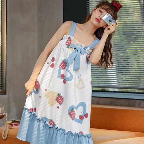 Summer Womens Homedress Nightdress Girls Sleepwear Cotton Braces Sleepshirts Long Loose Dress Home Clothing Fashion Nightgowns