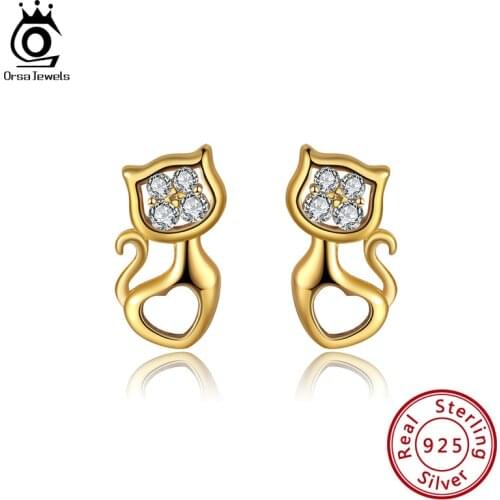 ORSA JEWELS Real 925 Silver Cute Pet Cat 14K Gold Plated Stud Earrings for Women with AAAA CZ Heart Shape Ear Stud Jewelry APE07