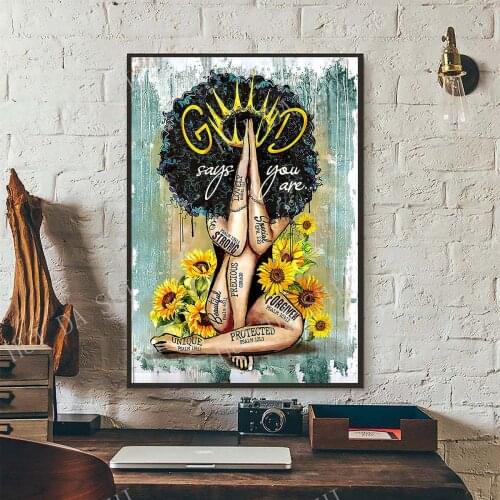 Black Women Poster, God Says You Are Enough Art Prints, African American Wall Art, Sunflowers Wrapped Canvas, Black Girl Magic