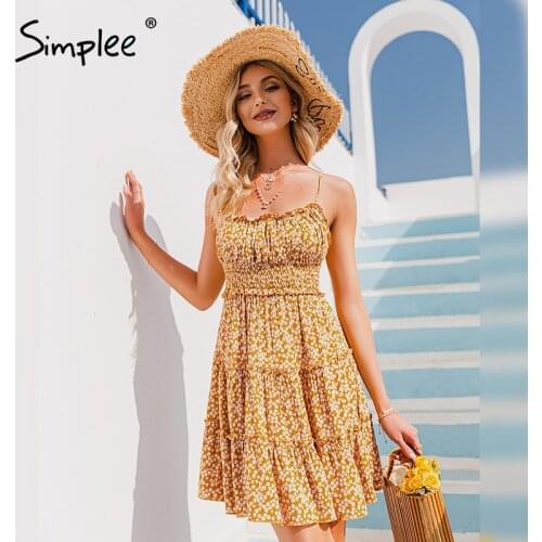 Simplee Yellow Floral print strap women dress Summer leisure holiday style backless short dress Fashion High waist ruffle dress