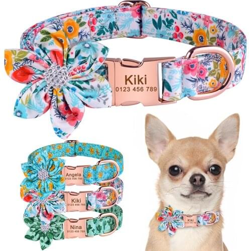 Adjustable Engraved Custom Dog Collar Pet Products Small Medium Large Unisex Pet Collar Print Flower Nylon Collar Dog Supplies