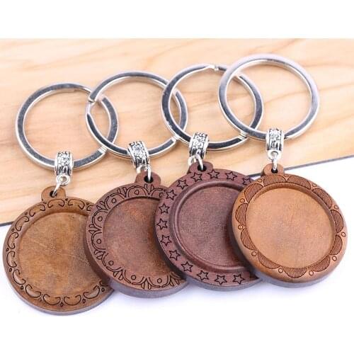Reidgaller 3pcs wood keychain cabochon base settings 25mm dia round blank bezel trays for key chain custom making diy findings