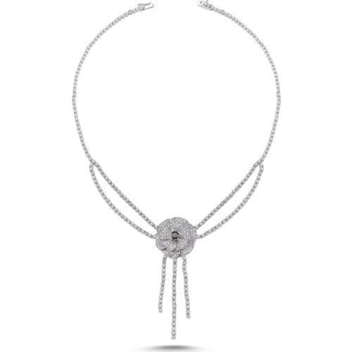 Silverlina Silver Zircon Cubic Zirconia Flower Necklace