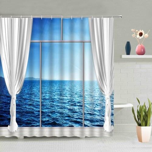 Ocean Scenic Shower Curtain Summer Blue Sea Sandy Beach Scenery Bathroom Window Curtains Waterproof Bath Screen Decor Hook Cloth