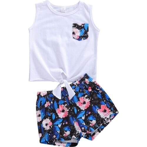 1-6Yeats Kids Toddler Baby Girl Summer Clothes Round Neck Sleeveless Vest Knotted Tops + Floral Shorts Outfit Suit