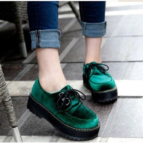 OLOMLB Womens Round Toe Lace Up Platform Ankle Boots Oxfords Velvet Chunky Heel Vintage Retro Gothic Shoes Green Red New 2020