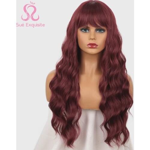 SUe EXQUISITE Long Wavy Womens Wig with Bangs Heat Resistant Syntetic Wigs Black/Pink/Red/Brown Wigs for Afican American