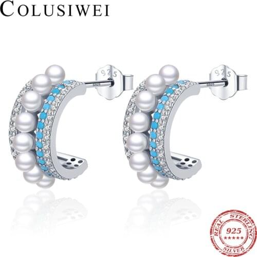 Colusiwei 925 Sterling Silver Luxury Elegant Shell Pearl Stud Earrings Vintage Turquoise Earrings for Women Engagement Jewelry