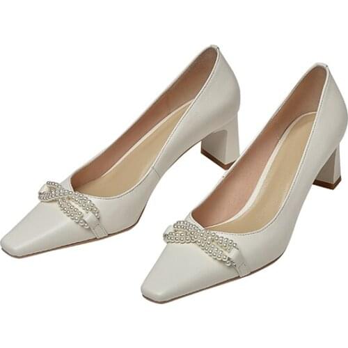 Osunlina Pumps Woman Square Toe Elegant Pearl Decoration Pumps 5.5cm High Heels Real Cow Leather Slip On Quality Handmade Shoes