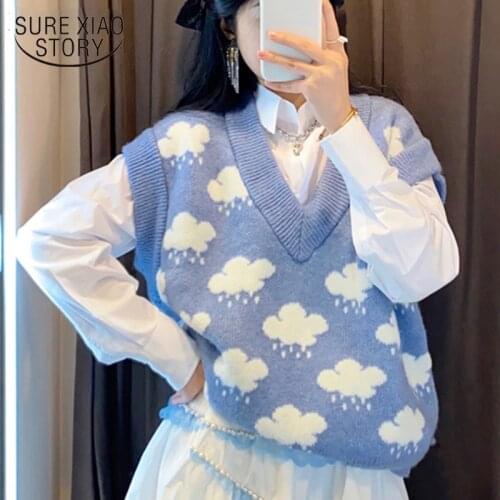Knitted Pullover Sweater Vest Women Sleeveless Autumn Cloud Print V-neck Sweaters Loose Knit Vest Top Winter Clothes Women 15990