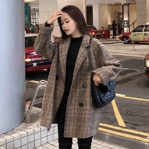 Womens Autumn Coat Woman Clothing 2021 Korean Loose Plaid Woolen Coat for Women Fashion Lapel Slim Womens Jackets