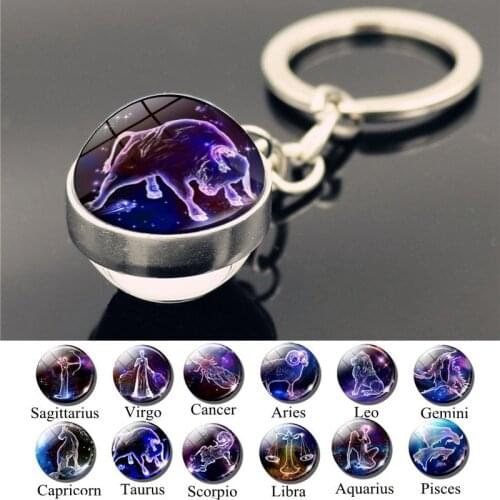 12 Zodiac Sign Keychain Sphere Ball Crystal Key Rings Scorpio Leo Aries Constellation Birthday Gift for Women and Mens Luminous