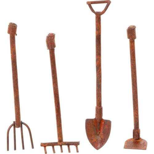 4pcs 1:12 Scale Dollhouse Miniature Shovel Hoe and Pitchfork Farming Tools Fairy Garden Accessories Furniture Toys