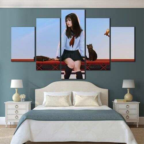 5 Pieces HD Canvas Painting Print Anime Beautiful Girl Picture For Modern Decorative Bedroom Living Room Home Wall Art Decor