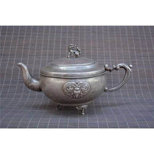 Antique QingDyansty old Silver teapot,Carved dragon&Lion,with mark,Hand crafts,Collection&Adornment,Free shipping