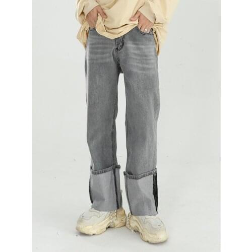 2021 New Men Cuffs Streetwear Vintage Casual Straight Denim Pant Male Women Couple Wide Leg Jeans Trousers