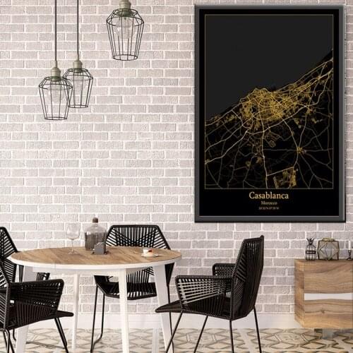 Casablanca Morocco Black&Gold City Light Maps Custom World City Map Posters Canvas Prints Nordic Style Wall Art Home Decor