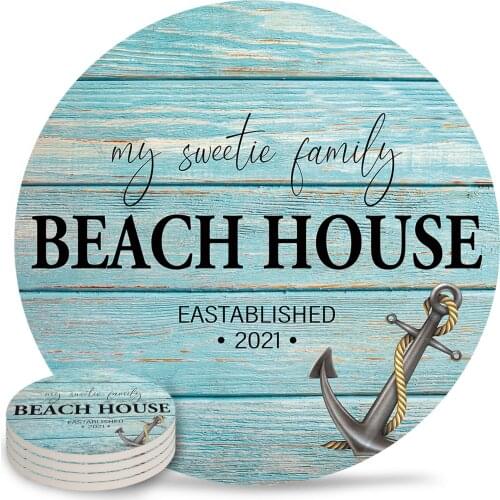 Wood Grain Anchor Beach Text Round Coaster Coffee Table Mats Kitchen Accessories Absorbent Ceramic Coasters