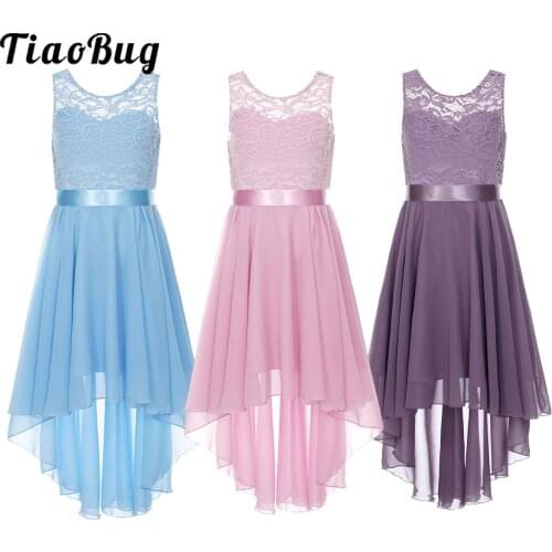 Kids Girls Lace Floral High Low Chiffon Dress Ballet Lyrical Ballroom Dancing Costumes Wedding Dresses
