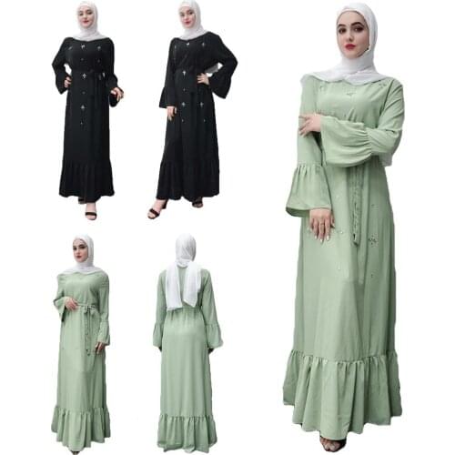 Dubai Abaya Women Muslim Kaftan Islamic Jilbab Long Maxi Cocktail Party Dress Arab Flare Sleeve Beading Draped Design Fashion