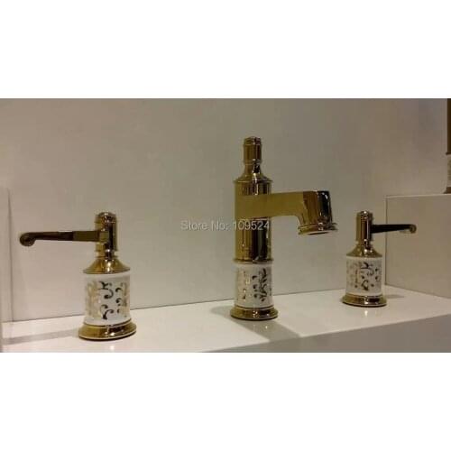 EMS(DHL)New design Free shipping PVD GOLD WIDESPREAD LAVATORY BATHROOM SINK FAUCET Lever handles knobs faucet