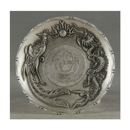 Decoration white Copper silver factory outlets Exquisite Old Chinese Decorated Handwork Tibetan Silver Dragon Phoenix Plate