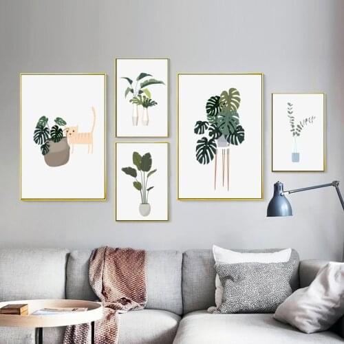 Nordic Minimalist Green Flower Leaves Plant Potted Canvas Painting Wall Art Posters Modern Prints Pictures For Living Room Decor