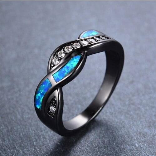 White Blue Opal Wave Ring Fashion Crystal Small Round Stone Ring Vintage Black Gold Silver Color Wedding Rings For Women Jewelry