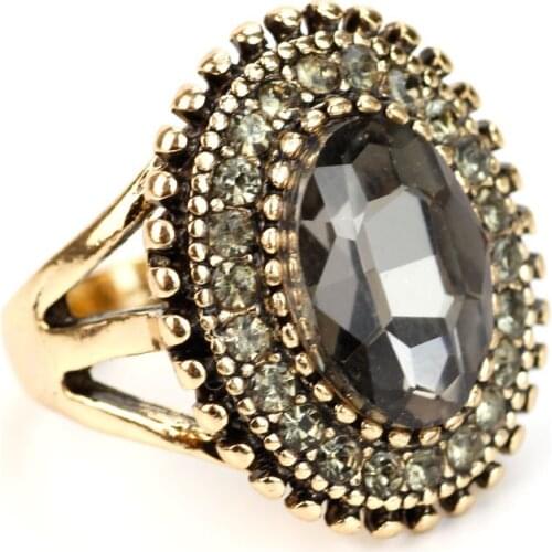 Neovisson Retro Vintage Ellipse Gray Crystal Ring for Women Turkish Brand Design Antique Gold Color Ethnic Wedding Jewelry Gift